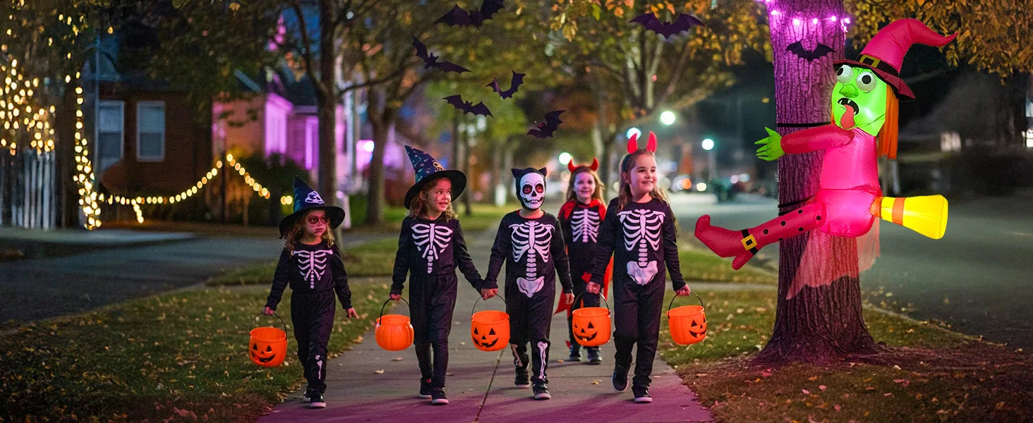 OurWarm Pink 4FT Halloween Inflatables Witch Outdoor Decor, Funny Blow Ups Witch Crashing into Tree,for Tree, Yard, Door, Window