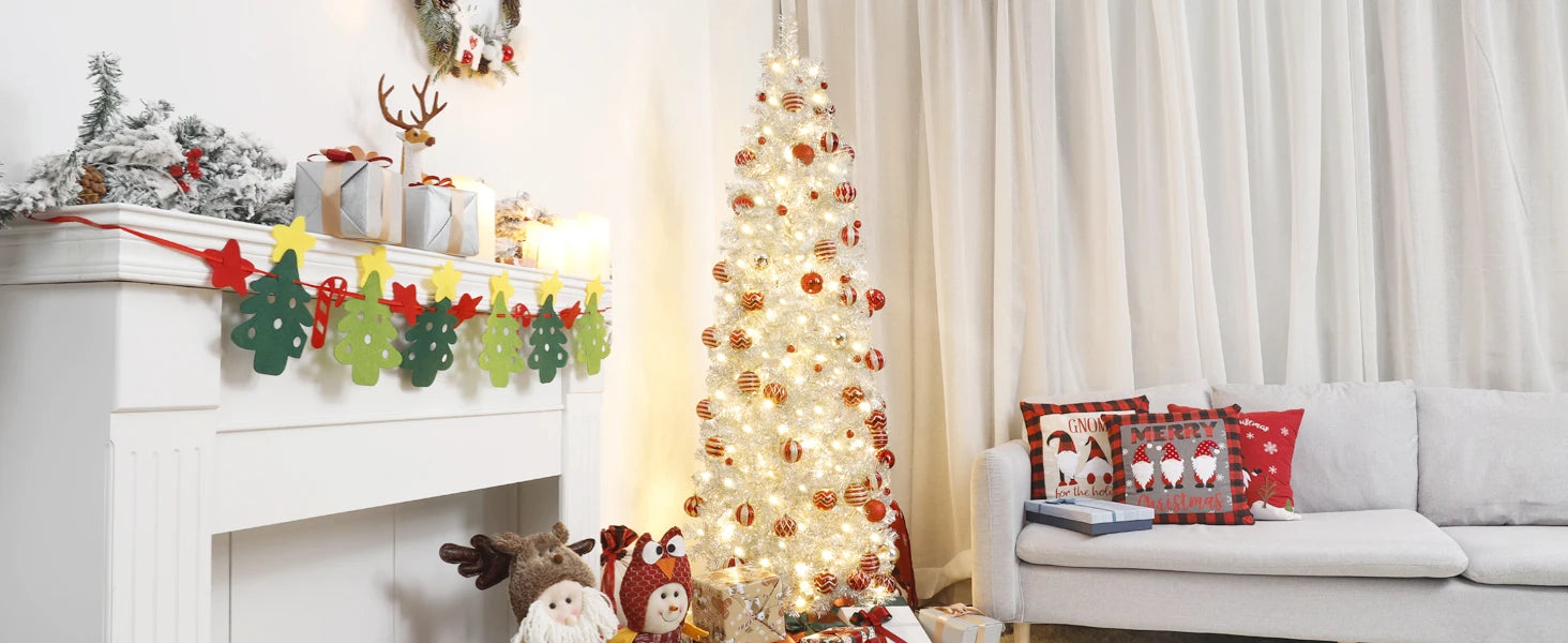 Homde Pencil Christmas Tree 5 Foot Pre-Lit Artificial Christmas Tree Flocked Snow Pine Cone 140 Warm White Light Holiday Decor