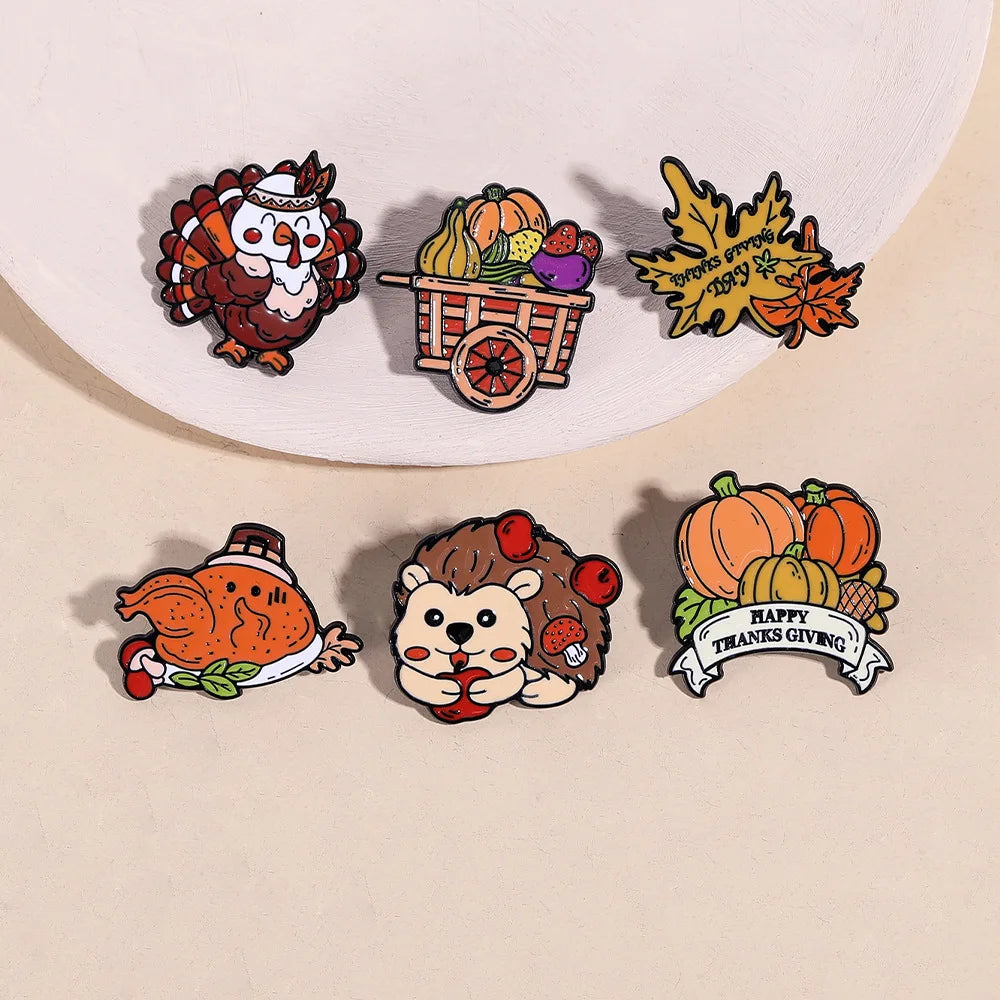 Cute Cartoon Thanksgiving Enamel Brooch Creative Animal Hedgehog Pumpkin Turkey Lapel Pin Badge Backpack Clothing Accessories