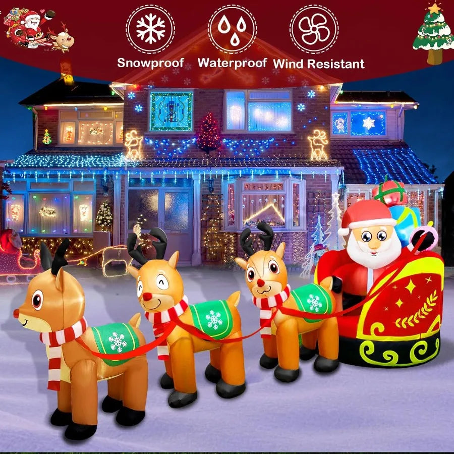 Giant Inflatable Outdoor Decoration Santa Claus on Sleigh with 3 Reindeer Builtin LED Light for Lawn Party Holiday Christmas De