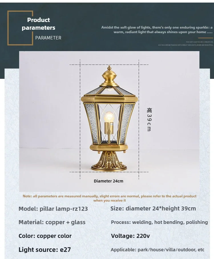 European Style Outdoor Waterproof Lawn Brass Lighting Retro Garden Villa Wall Light Engineering Landscape Courtyard E27 Fixture