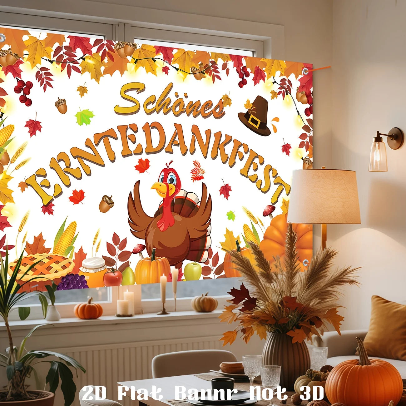 2D Flat Banner Fall Thanksgiving Decorations Happy Thanksgiving Day Hanging Banner Glücklicher Erntedankfest Banner Turkey Pumpk
