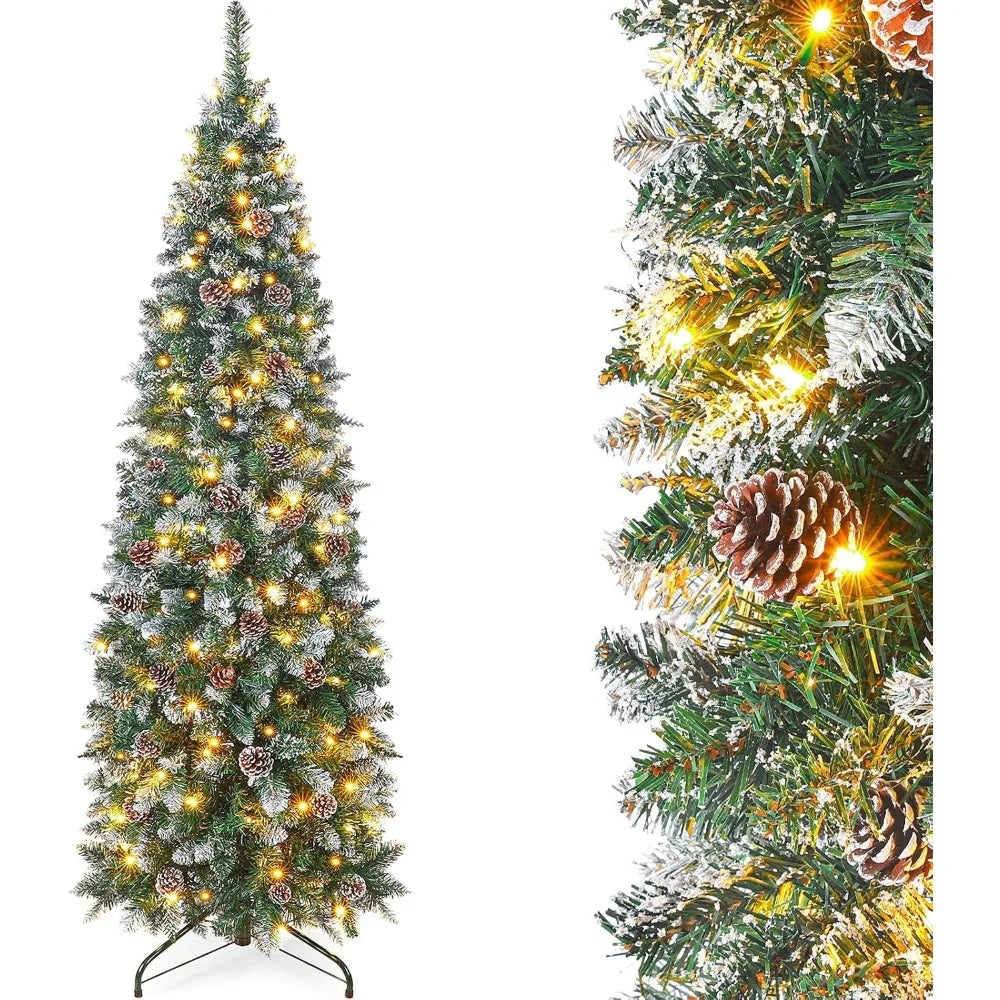 Homde Pencil Christmas Tree 5 Foot Pre-Lit Artificial Christmas Tree Flocked Snow Pine Cone 140 Warm White Light Holiday Decor