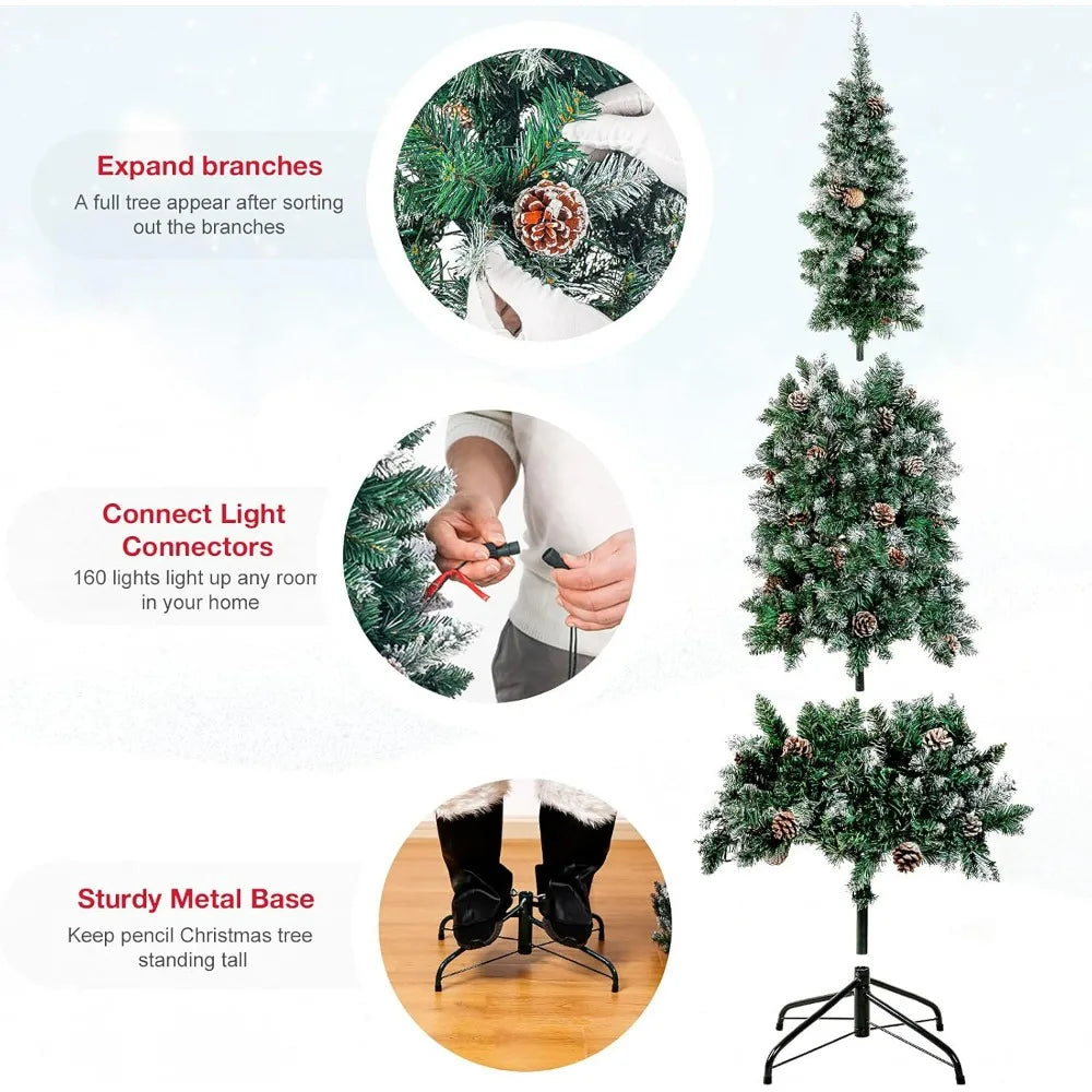 Homde Pencil Christmas Tree 5 Foot Pre-Lit Artificial Christmas Tree Flocked Snow Pine Cone 140 Warm White Light Holiday Decor