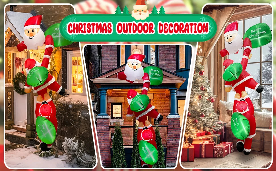 8FT Christmas Inflatables Decor, Climbing Santa Claus with Reindeer & Snowman/Elves, Xmas Decor for Beam Roof Tree Indoor Party